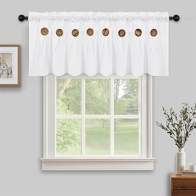 FRAMICS Farmhouse Valance Curtains, Boho Cotton Linen Kitchen Valance, White Rustic Button Window Valances for Kitchen Bathroom Bedroom, Country Rod Pocket Valances for Windows, White, 52 x 18 Inch