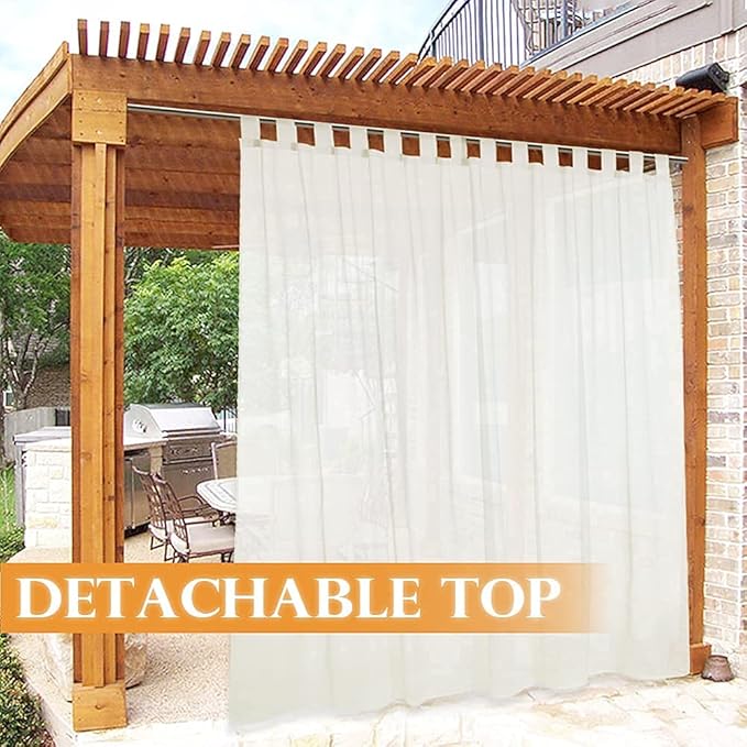RYB HOME Detachable Tab Top Outdoor Sheer Curtain Privacy Outdoor Indoor Curtain for Patio Door Gazebo Porch Lanai Pavilion Canopy Bed Beach, Beige, 1 Rope, W 54 x L 96 inches Long