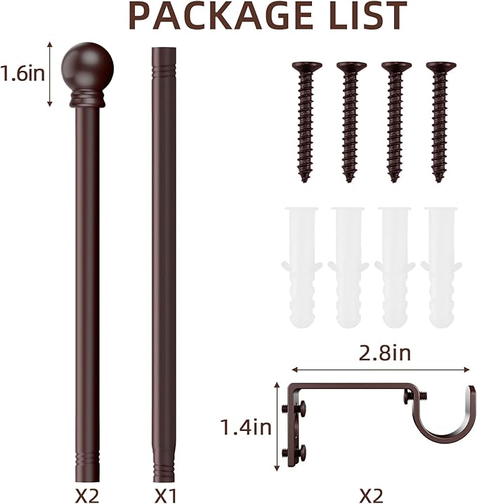 SMODBRODRE Curtain Rods for Window 32 and 48, Brown 5/8 inch Splicing Single Window Curtain Rod Set with Brackets