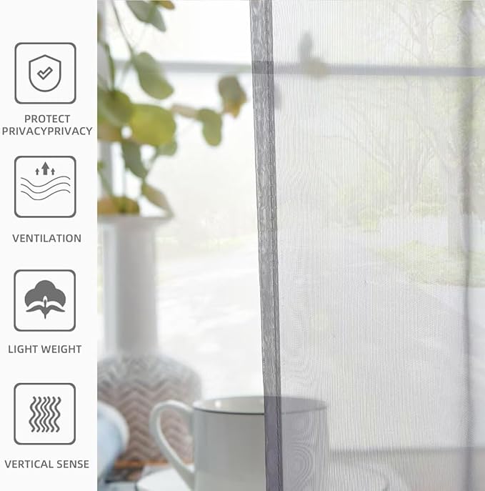 youleyar Solid Sheer Rod Pocket Curtain Voile Draperies 2 Panels White Beige Black Ivory Grey 26 Inch Width 24 Inch Long 1 Pair for Kitchen Bedroom Children Living Room Yard(Grey,26W x 24L)