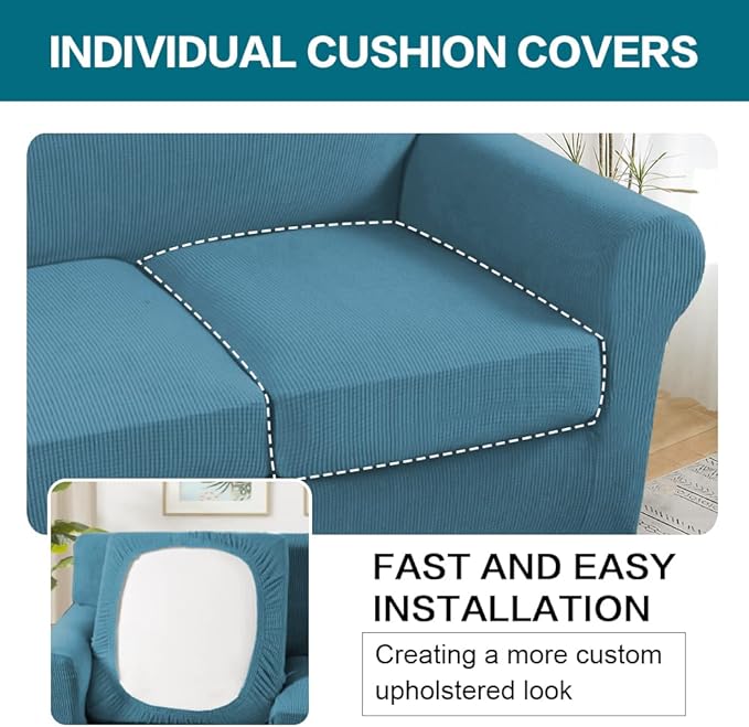 Turquoize 4 Piece Sofa Covers for 3 Cushion Couch Sofa Slipcover Soft Couch Cover for Dogs-Washable Sofa Furniture Covers with 3 Individual Cushion Covers, Jacquard Fabric (3 Cushion Sofa, Storm Blue)