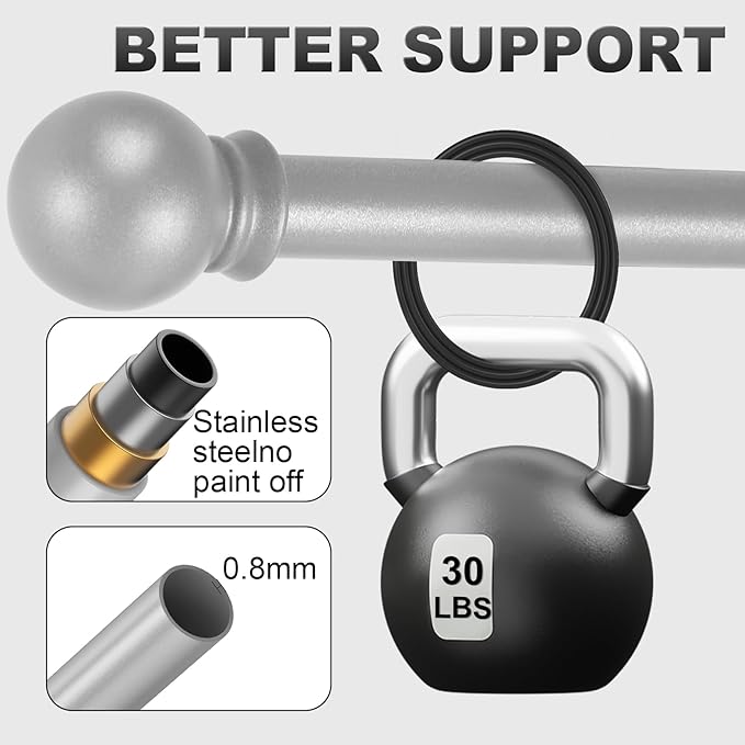 Silver Curtain Rods for Windows with Brackets,5/8 Inch Diameter Small Window Curtain Rod Adjustable 32 to 48 Inches,Easy Install Drapery Rods,Gray