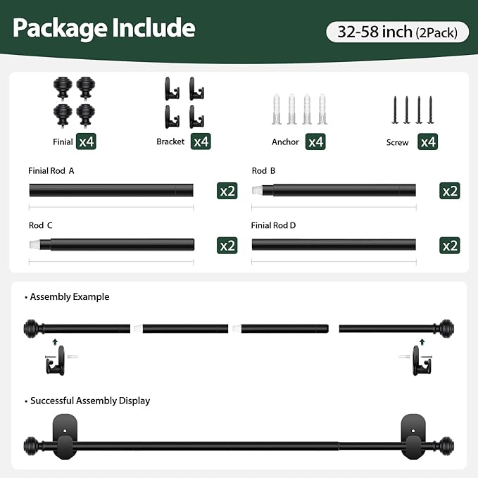 KAMANINA No Drill Curtain Rods for Windows 32 to 58 Inches, 5/8 Inch Renter Friendly Curain Rod 2 Pack Adjustable Drapery Rod with 3M Adhesive Brackets without Drilling, Black