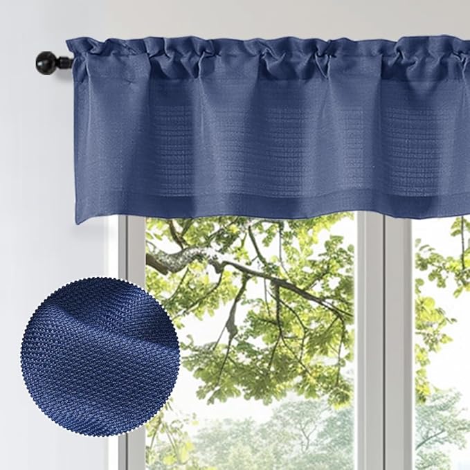 OWENIE Bob 1 PCS Blue Valances for Windows, Faux Linen Textured Kitchen Window Curtains Valance for Bedroom Living Room, Modern Soft Airy Solid Rod Pocket Bathroom Cafe Curtain, 60Wx14L Inch