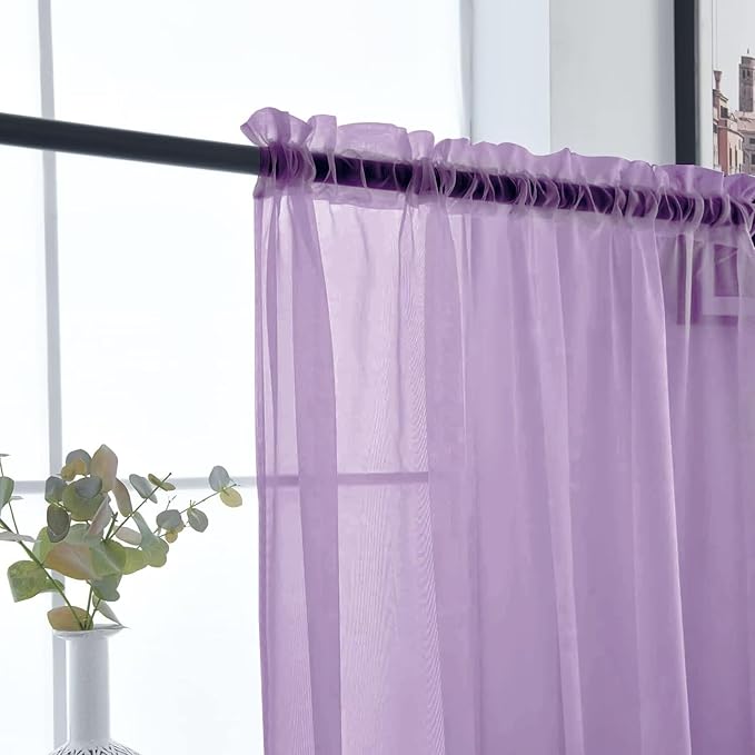 SpaceDresser Sheer Voile Window Treatment Rod Pocket Curtain Panels for Kitchen Bedroom Living Room Drapes Sunlight Filtering Privacy Semi Home Decor Assorted (Lavender, 52 W x 90 L)