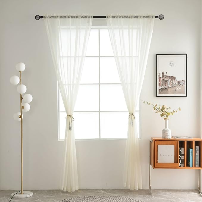 SpaceDresser Basic Rod Pocket Sheer Voile Window Curtain Panels White 1 Pair 2 Panels 38 Width 63 Inch Long for Kitchen Bedroom Children Living Room Yard(Ivory,38 W x 63 L)