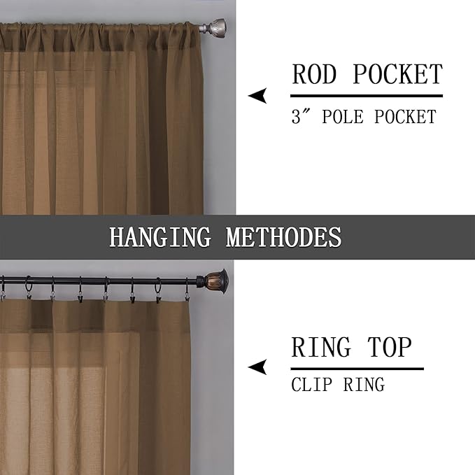Tollpiz Short Sheer Curtains Linen Textured Living Room Curtain Sheers Light Filtering Rod Pocket Voile Curtains for Bedroom, 42 x 45 inches Long, Brown, Set of 2 Panels