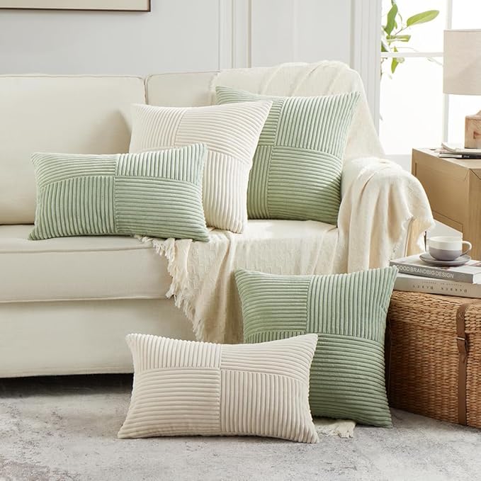 Fancy Homi 2 Packs Cream Lumbar Decorative Throw Pillow Covers 14x22 Inch for Living Room Couch Bed Sofa, Rustic Farmhouse Boho Home Decor, Soft Striped Corduroy Rectangle Accent Cushion Case 35x55 cm