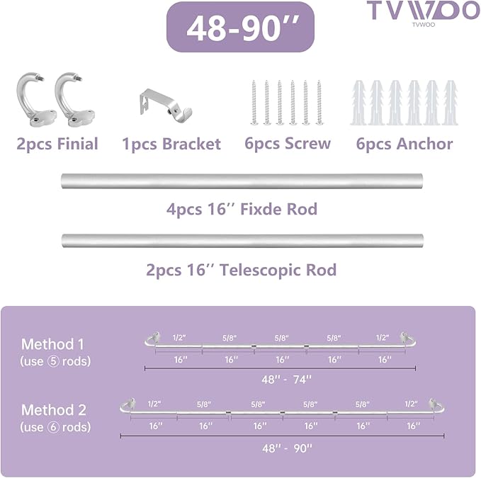 TVWOO Silver Wrap Around Curtain Rods:5/8 In Blackout Adjustable Window Curtain Rod for Bedroom Kitchen Apartment Renter Friendly,Room Darkening Curved Drapery Rods Easy Install,Antique Silver 48-90"
