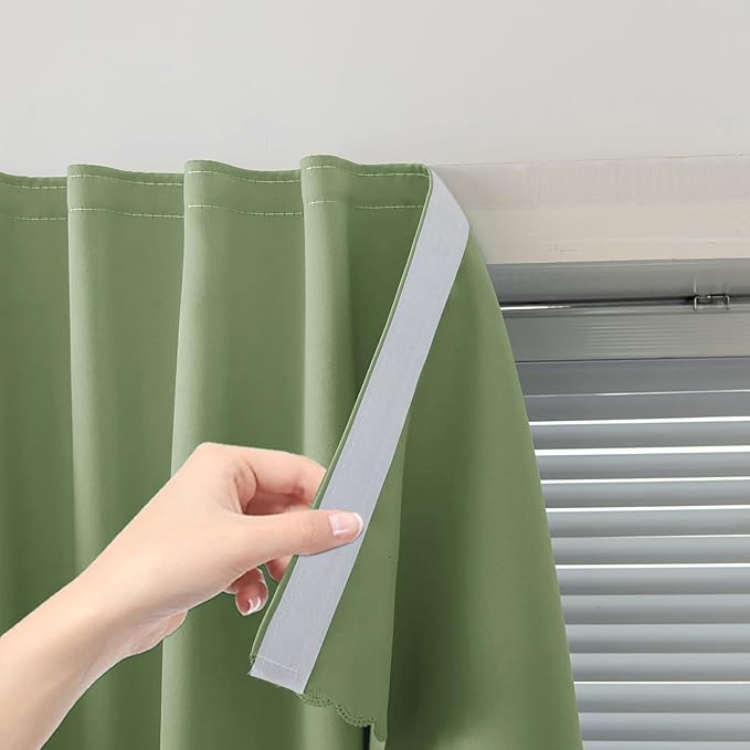 Magic Tape Blackout Curtains for Bedroom No Drillng Self Adhesive Curtains No Rod Small Window, 59" W X 71" L, Sage Green, 1 Panel