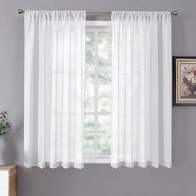 Tollpiz Sheer Curtains Linen Textured Living Room Curtain Sheers Light Filtering Rod Pocket Voile Curtains for Bedroom, 42 x 63 inches Long, White, Set of 2 Panels