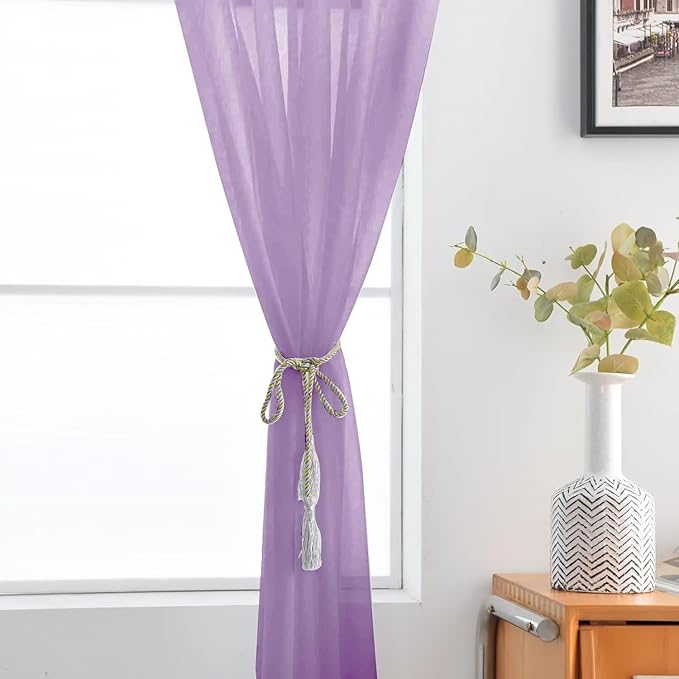 SpaceDresser Sheer Voile Window Treatment Rod Pocket Curtain Panels for Kitchen Bedroom Living Room Drapes Sunlight Filtering Privacy Semi Home Decor Assorted (Lavender, 52 W x 90 L)