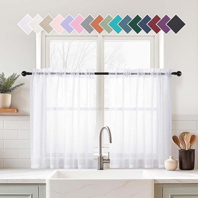 White Sheer Curtains Tier 36 Inches Length 2 Panels Set, Light Filtering Lightweight Soft Window Treatments Drapes, Cute Elegant Cafe Curtains for Nursery, Dual Rod Pocket, 2x42Wx36L Inches