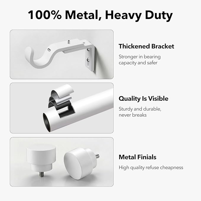 IFELS Heavy Duty Curtain Rods for Windows 28 to 48 Inch, 1 Inch Adjustable White Curtain Rod Set with Easy Installation and Modern Design (A1,White,30-60")