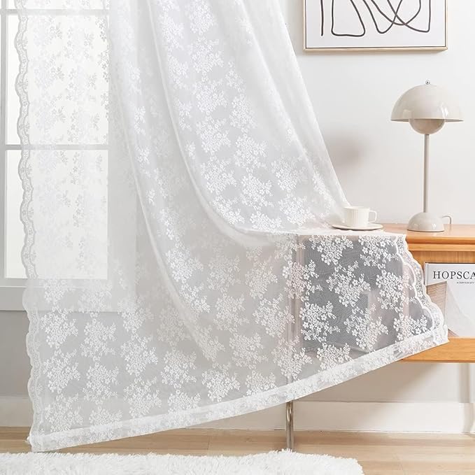 YJ YANJUN Vintage Lace Curtains 90 Inches Long- Elegant Floral White Sheer Curtain Panels for Living Room Bedroom Patio Sliding Door French Country Winter Holiday Drapes 52" W x 90" L Bright White