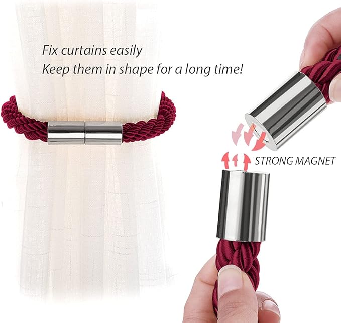 NICEEC 2 Pack Strong Magnetic Curtain Tiebacks Modern Simple Style Drape Tie Backs Convenient Decorative Weave Rope Curtain Holdbacks for Thin or Thick Home & Office Window Draperies (Wine Red)