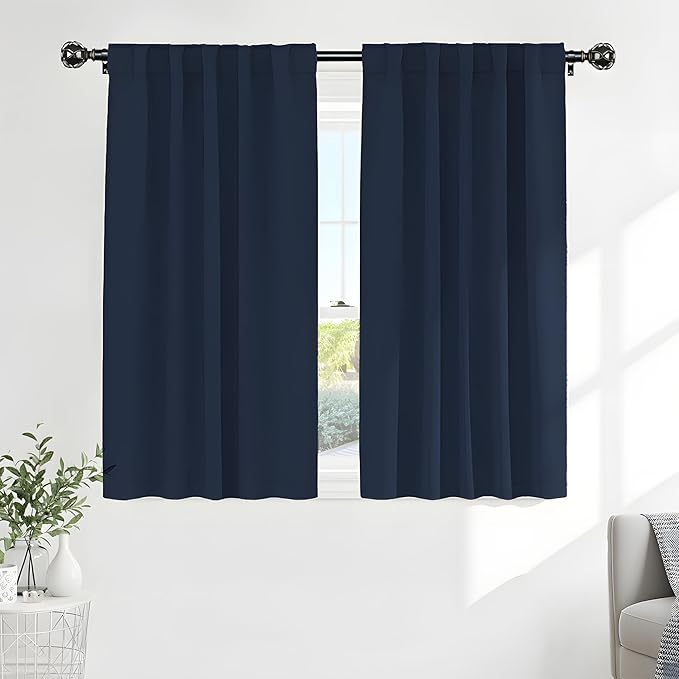 PONY DANCE Bedroom Blackout Curtains - 54 Inches Long Curtain Drapes with Back Loops Slot with Rod Pocket Design Privacy Protect Energy Saving, 52 W x 54 L, Navy Blue, 1 Pair