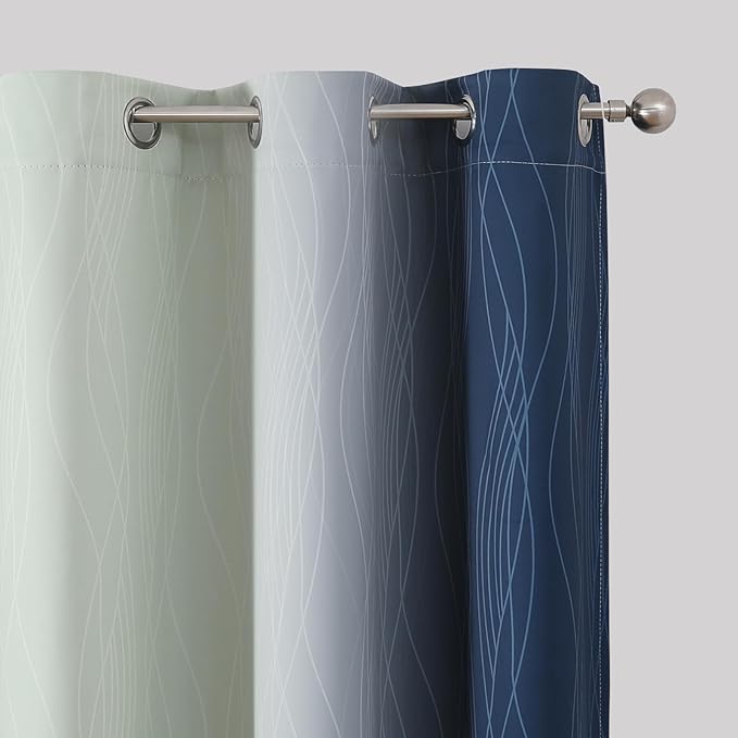 Estelar Textiler Navy Blue and Sage Green Blackout Curtains 54 Inches Long, Full Light Blocking Gradient Grommet Drapes for Kitchen, Thermal Insulated Ombre Curtains for Bedroom, 42Wx54L, 2 Panels