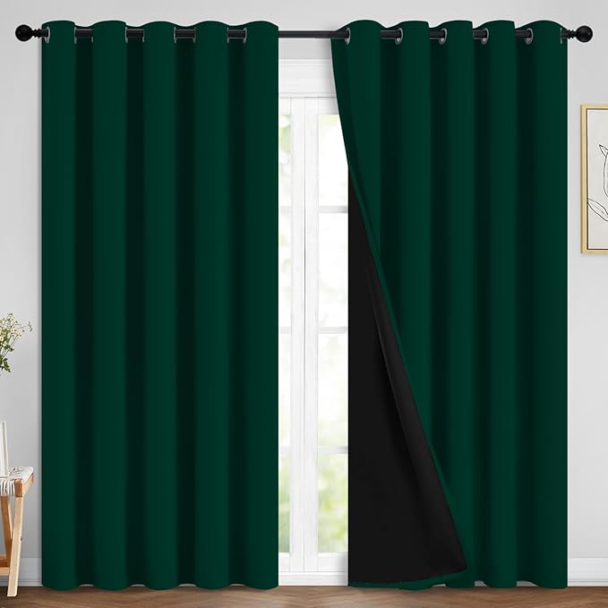 Yakamok 100% Blackout Curtain for Bedroom,Thermal Insulated Drapes with Black Liner Full Room Darkening Energy Efficiency Window Curtains for Living Room(70Wx84L,Dark Green, 2 Panels)