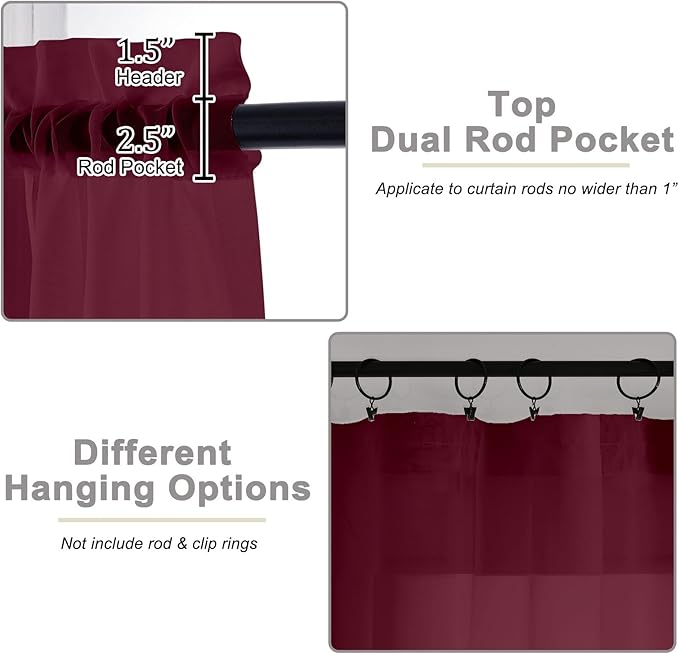 Burgundy Sheer Curtains 63 Inch Length 2 Panels Set for Living Room Bedroom, Airy Soft Light Filtering Sheer Dining Room Curtains, Modern Rod Pocket Drapes, Burgundy, Each 42" Wx63 L