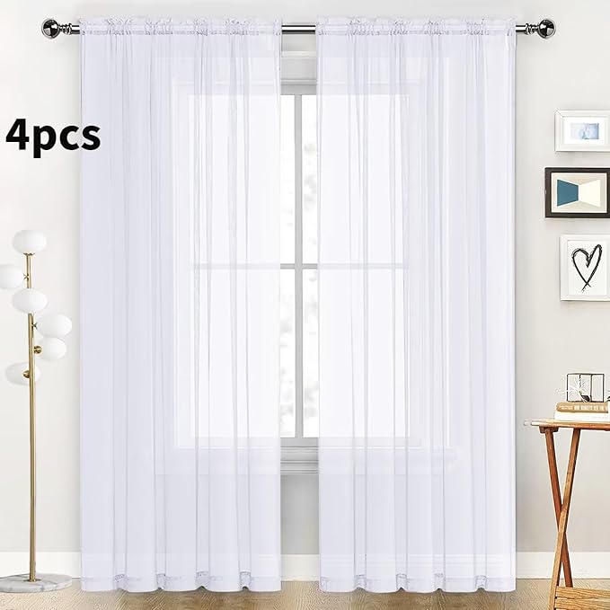 SpaceDresser Optical White Sheer Curtains 4 Panels Rod Pocket Semi-Sheer Curtain 63 Inches Long Light Filtering Voile Window Drapes for Bedroom Living Room Kitchen, Each 52W x 63L