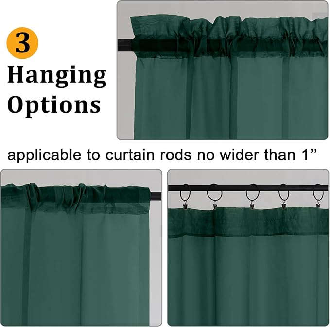 Gwine Hunter Green Sheer Curtains 30 Inch Length, Short Light Filtering Voile Small Cafe Kitchen Curtains with Rod Pocket, Short Curtain for Bathroom Window, 42x30 Inch, 2PCS