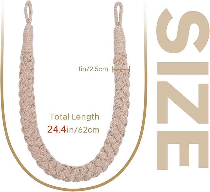 NICEEC 4 Pack Natural Cotton Rope Curtain Tiebacks Elegant Boho Style Decorative Drape Tie Backs Soft Hand-Woven Rope Curtain Holdbacks with Metal Hook for Home & Office Drapery (Grey Coffee)