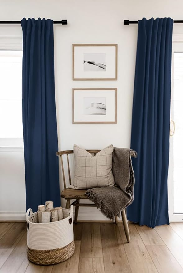 100% Blackout Shield Linen Blackout Curtains for Bedroom 72 Inches Long, Back Tab/Rod Pocket Living Room Drapes, Thermal Insulated Blackout Curtains 2 Panels Set, 50" W x 72" L, Midnight Blue