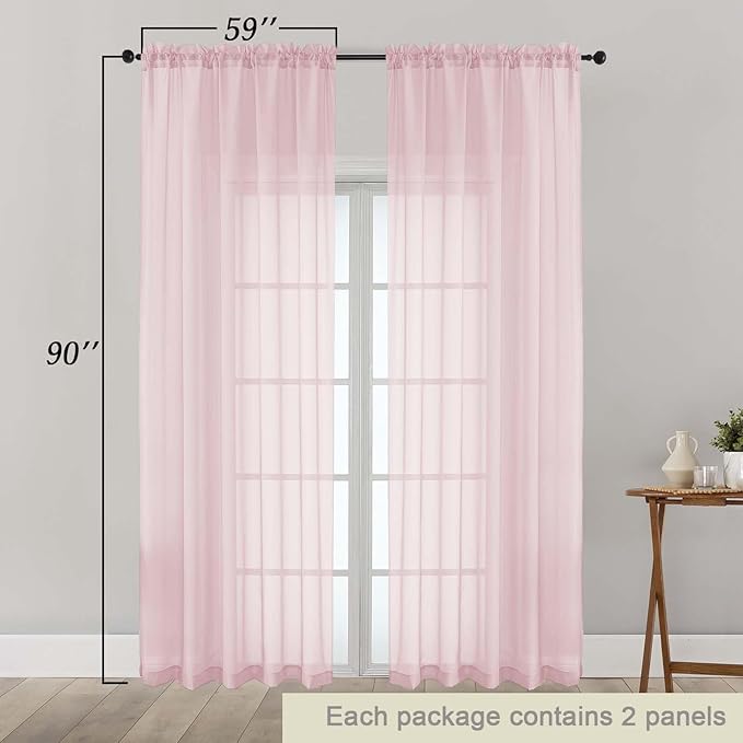 Blush Sheer Curtains 90 Inches Long 2 Panels Set for Bedroom Living Room, Soft Airy Light Filtering Modern Solid Rod Pocket Drapes Window Treatments, Blush, Each 59" W x 90" L
