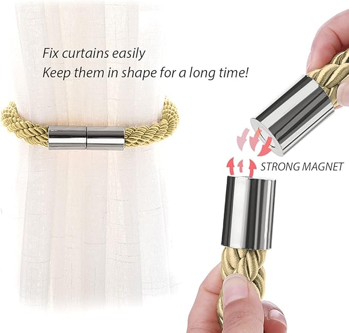 NICEEC 6 Pack Strong Magnetic Curtain Tiebacks Modern Simple Style Drape Tie Backs Convenient Decorative Weave Rope Curtain Holdbacks for Thin or Thick Home & Office Window Draperies (Gold)
