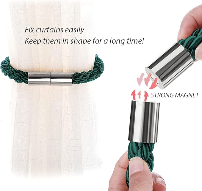 NICEEC 4 Pack Strong Magnetic Curtain Tiebacks Modern Simple Style Drape Tie Backs Convenient Decorative Weave Rope Curtain Holdbacks for Thin or Thick Home & Office Window Draperies (Green)