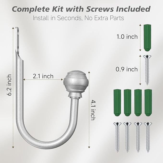 Hion Curtain Holdbacks Silver 6pcs, Curtain Tiebacks Wall Mounted Curtain Hooks Holders for Drapes