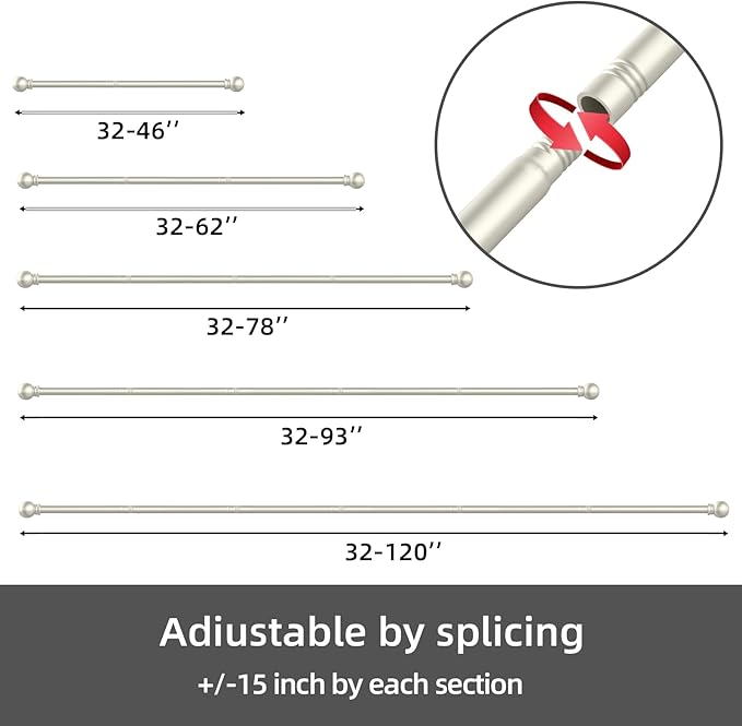 GXOACKJ Curtain Rods for windows 66-120 inch, 5/8 inch Decorative Nickel Splicing Heavy Duty Metal Curtain Rod set with Brackets