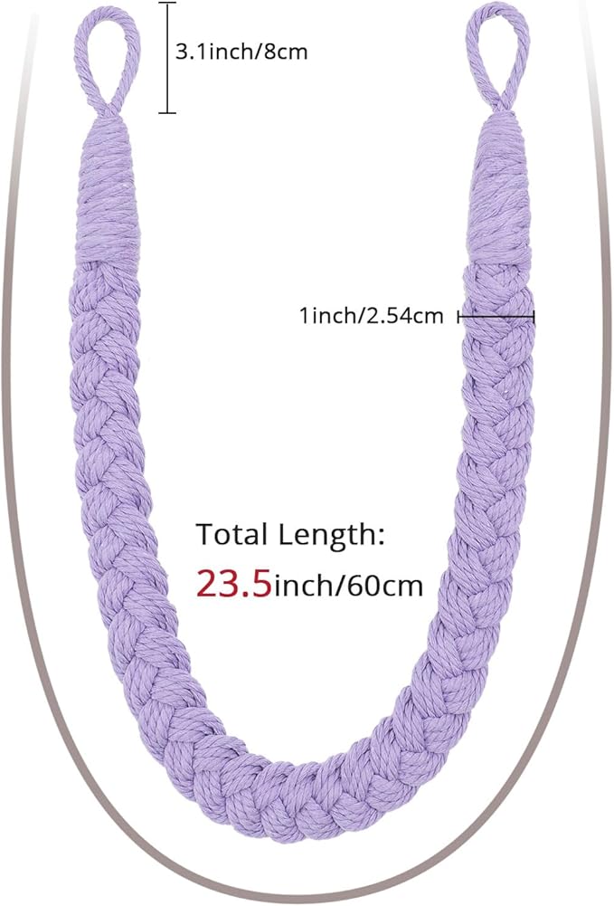 NICEEC 4 Pack Natural Cotton Rope Curtain Tiebacks Elegant Boho Style Decorative Drape Tie Backs Soft Hand-Woven Rope Curtain Holdbacks with Metal Hook for Home & Office Drapery (Purple)