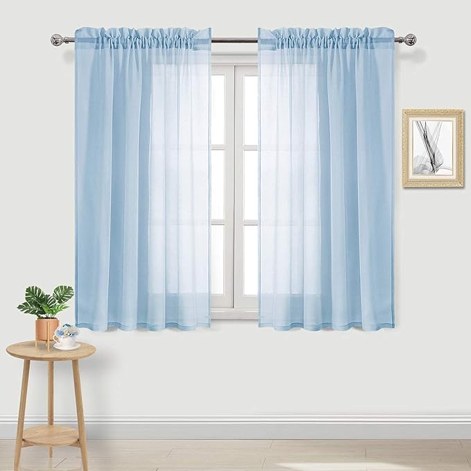 DWCN Sky Blue Sheer Curtains Semi Transparent Voile Rod Pocket Curtains for Bedroom and Living Room, 42 x 45 inches Long, Set of 2 Panels