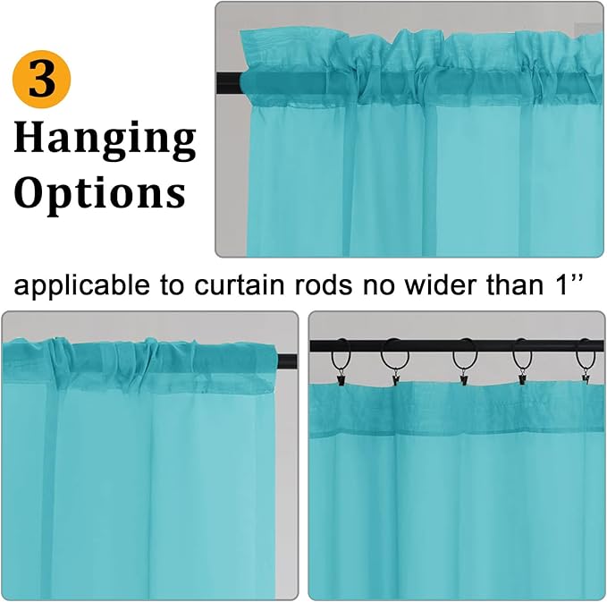 Gwine Turquoise Sheer Curtains 90 Inches Long 2 Panels Set, Light Filtering Solid Filmy Drapes for Living Room Bedroom, Elegant Soft Rod Pocket Voile Sheer Window Curtains, 42Wx90L Inch, 2PCS