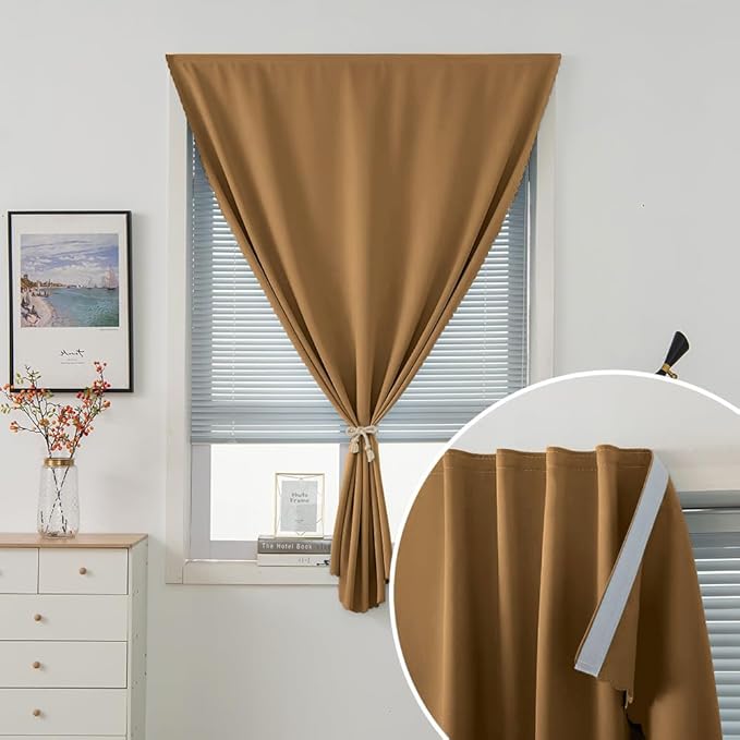 Self Adhesive Curtains, Stick Curtain Blackout Shades Window Cover Curtains for Living Room No Drilling, 47" W X 59" L, Brown, 1 Panel