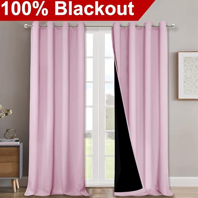 NICETOWN 100% Blackout Window Curtain Panels, Heat and Cold Blocking Drapes with Black Liner for Nursery, 102" Thermal Insulated Draperies (Lavender Pink, 2 Pieces, 52" Wide Each Panel)