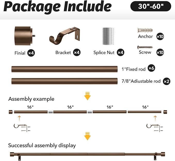GEEBOBO 2 Pack Bronze Curtain Rods for Windows 28 to 48 Inch, 1 Inch Adjustable Heavy Duty Easy Install Curtain Rods Set for Outdoor, Farmhouse, Bedroom, Living Room (Bronze,30"-60",2 Pack)