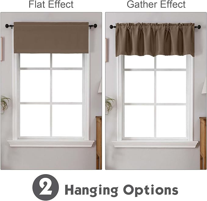 Chyhomenyc Brown Valances for Window, Room Darkening Short Curtains for Kitchen Bedroom Living Room, Rod Pocket Top Small Window Treatment Valance RV Bunk Panels, 40Wx14L, 2 Pieces