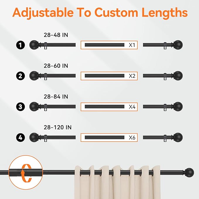 Curtain Rods for Windows 48 to 84 or 88 Inches Max - 5/8'' Metal Heavy Duty Curtain Rods Set - Rustic Decorative Drapery Rods with Brackets for Farmhouse, Bedroom, Sliding Glass Door