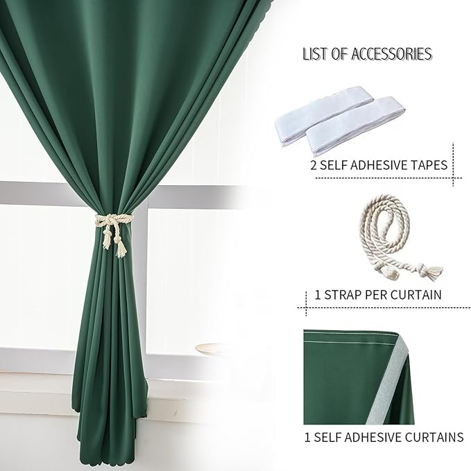 Blackout Curtains for Bedroom Stick On Curtains Window Shades Pull Down Blackout Window Cover No Drillng Self Adhesive Curtains No Rod Small Curtain, 59" W X 71" L, Dark Green, 1 Panel