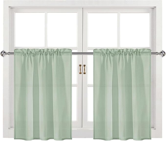 DWCN Bean Green Sheer Curtains for Kitchen Windows - Rod Pocket Semi Transparent Voile Tier Curtains for Bedroom, Living Room, Farmhouse, 36 x 36 inches Long, Set of 2 Panels