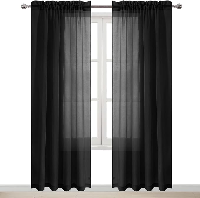 DWCN Black Sheer Curtains Semi Transparent Voile Rod Pocket Curtains for Bedroom and Living Room, 52 x 108 inches Long, Set of 2 Panels