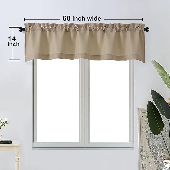 OWENIE Bob 1 PCS Camel Valances for Windows, Faux Linen Textured Kitchen Window Curtains Valance for Bedroom Living Room, Modern Soft Airy Solid Rod Pocket Bathroom Cafe Curtain, 60Wx14L Inch