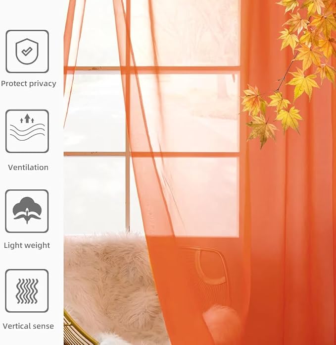 youleyar Solid Sheer Rod Pocket Curtain Voile Draperies 2 Panels White Beige Black Grey Coffee 52 Inch Width 84 Inch Long 1 Pair for Kitchen Bedroom Children Living Room Yard (Burnt Orange,52Wｘ84L)