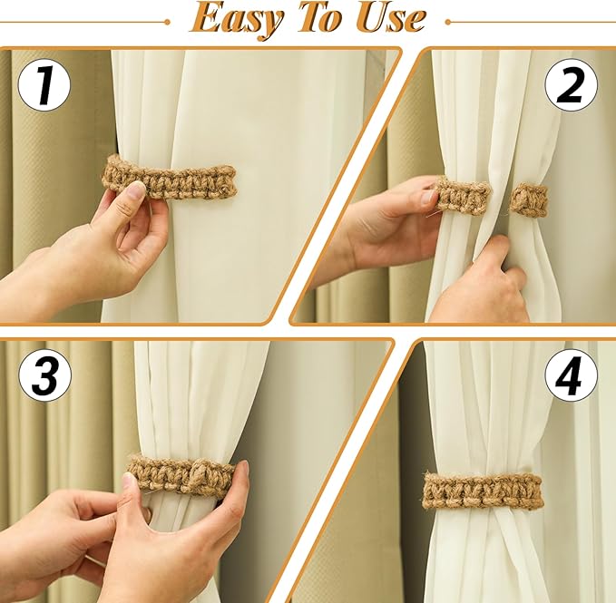 Ptwola 2 Pack Braided Curtain Tiebacks Boho Elegant Rustic Curtain Holdbacks Tie Backs Holders Set Simple Light Weight Drapes Decorative Accessories Handmade for Home Office Bedroom Window (2, Linen)
