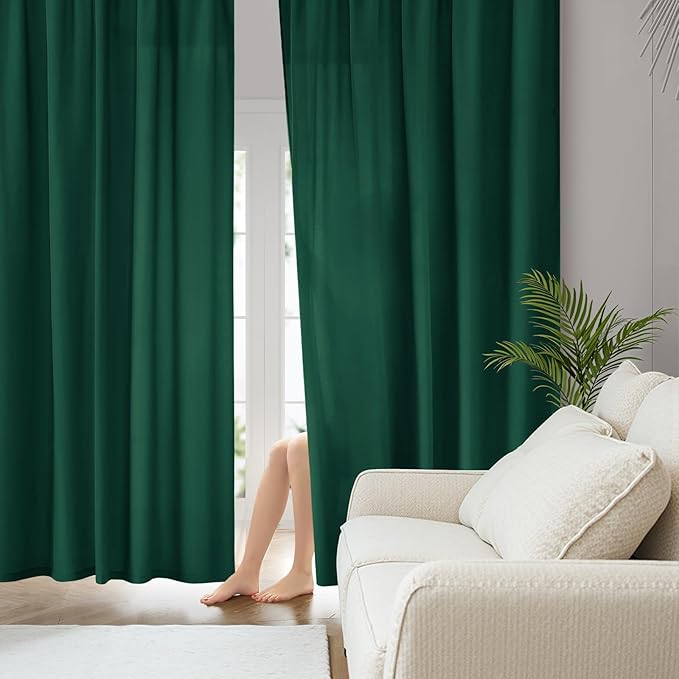 HOMEIDEAS Christmas Non-See-Through Hunter Green Privacy Sheer Curtains, 52 X 54 Inches Long 2 Panels Sheer Curtains Light Filtering Window Drapes for Bedroom Living Room