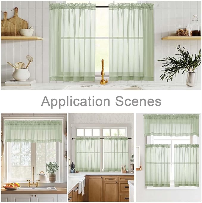 Light Green Valances for Windows, Light Green Sheer Curtains 14 Inch Length 2 Pack Kitchen Drapes, Modern Solid Mini Small Window Curtains for Cafe Bathroom Basement, 42" Wx14 L Inches