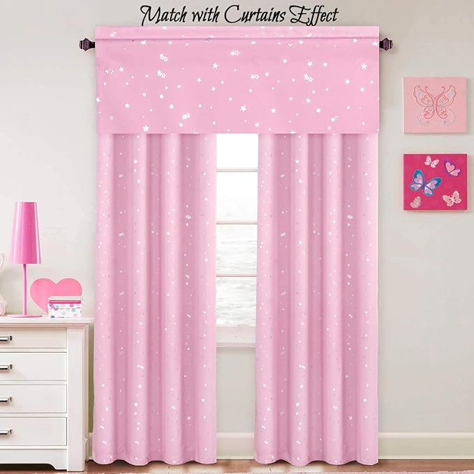H.VERSAILTEX Blackout Curtain Valances for Kitchen Window/Living Room/Bathroom Privacy Added Rod Pocket Home Decoration Winow Valance, 52" W x 18" L, Glitter Stars in Pink Base (Pack of 4)